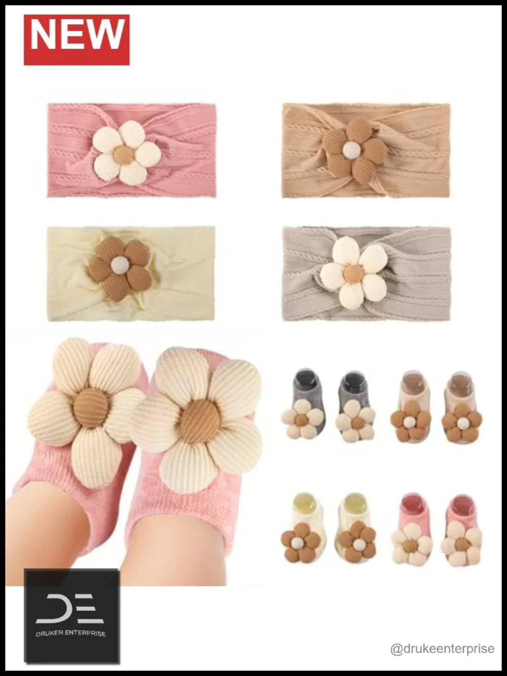 Baby Girl Flower Headband & Socks Set Non-Slip Grip Cotton 0-6M